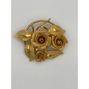 Vintage Flower Brooch Gold Tone 3 Textures Roses